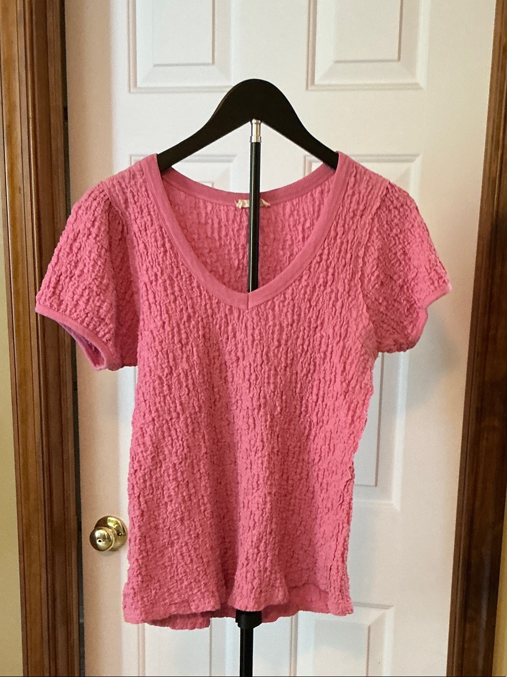 Textured V-Neck Short Sleeve Top in Pink